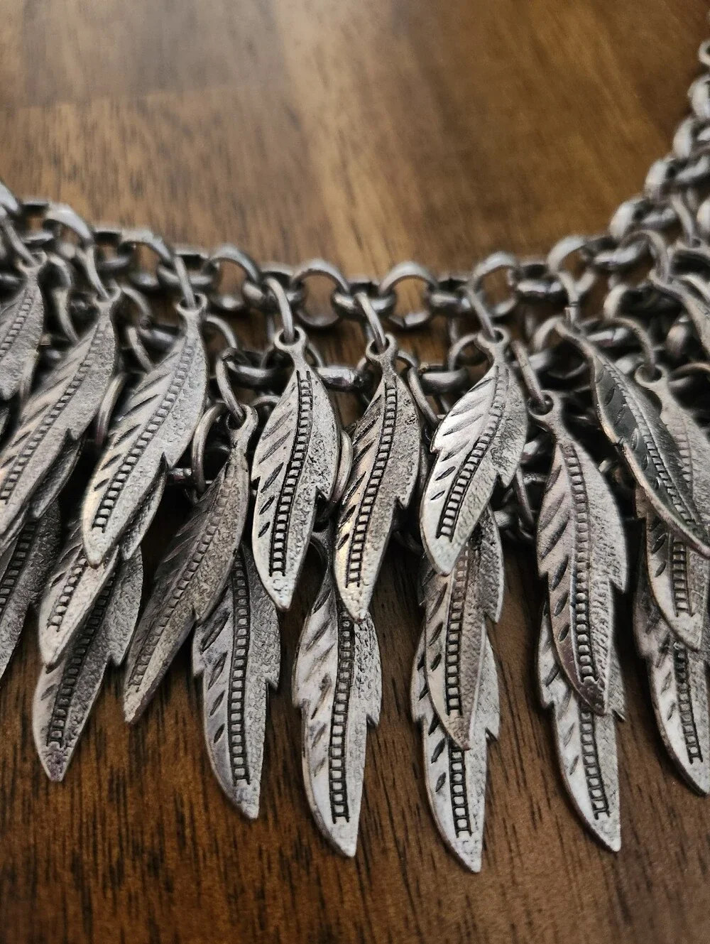 BOHO BURNISHED SILVER MULTI LAYER FEATHER BIB STATEMENT NECKLACE FESTIVAL